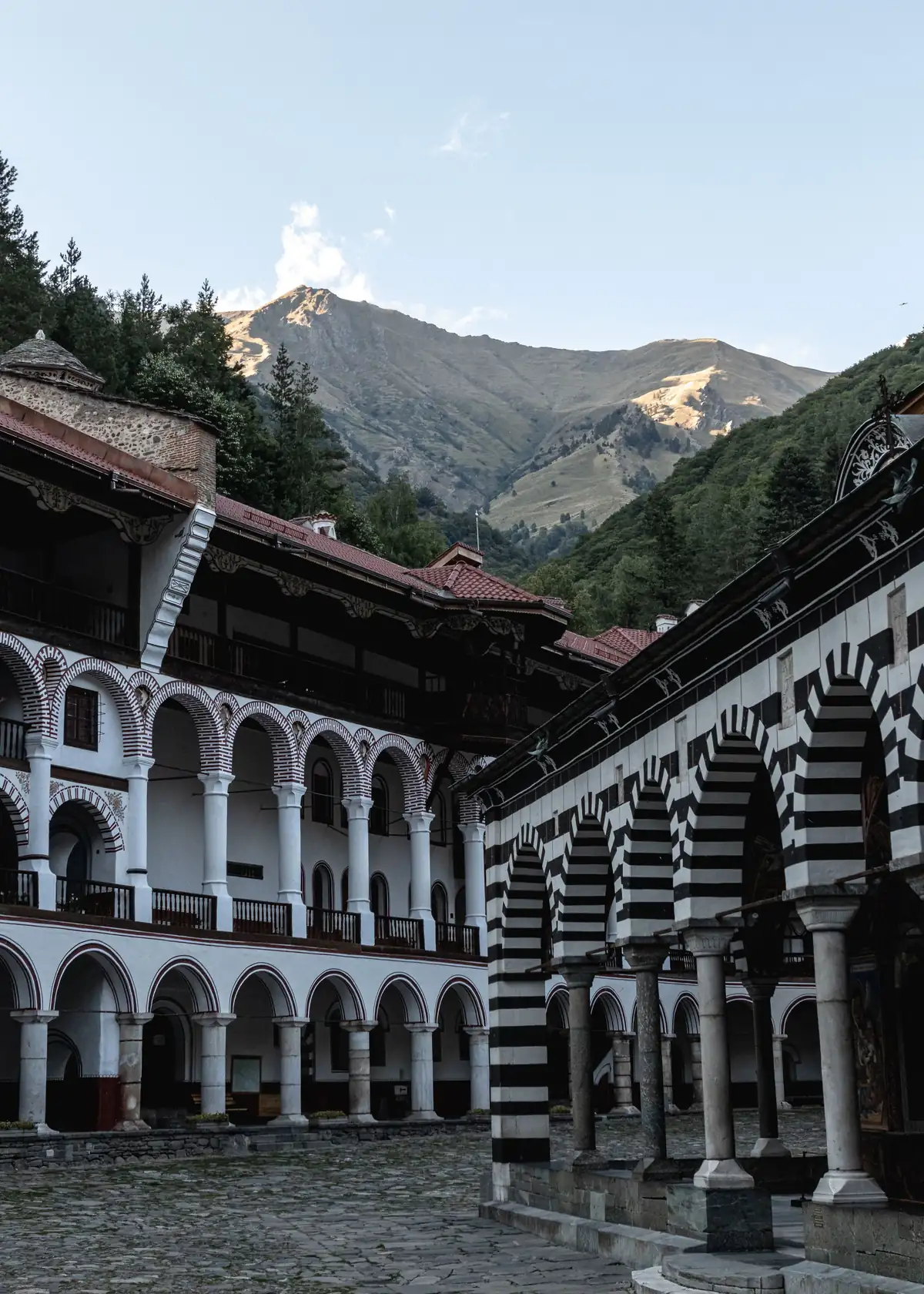 Rila Monastery and its colourful arcades among the mountains
