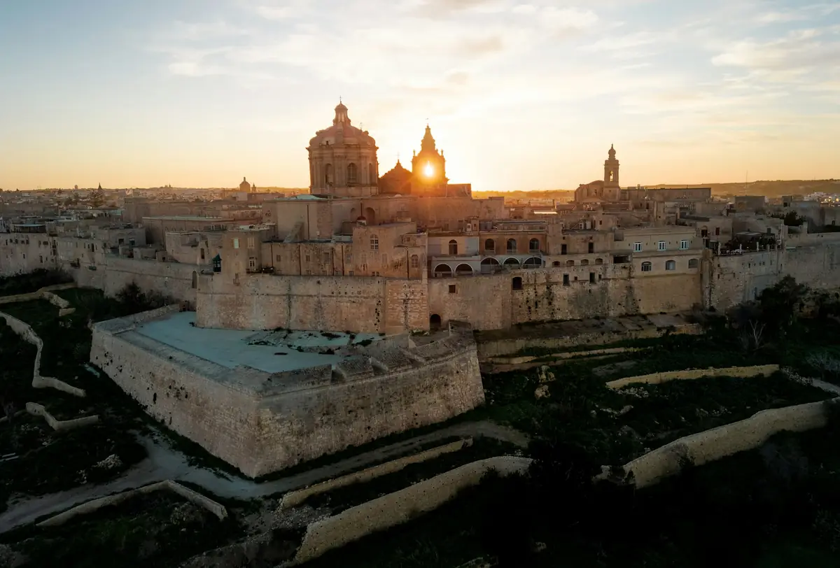 The walls of the old city of Mdina in Malta at sunset